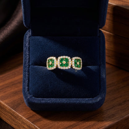 Created Emerald And Diamond 3-stone Inspired Ring In 14k Yellow Gold — gift presentation