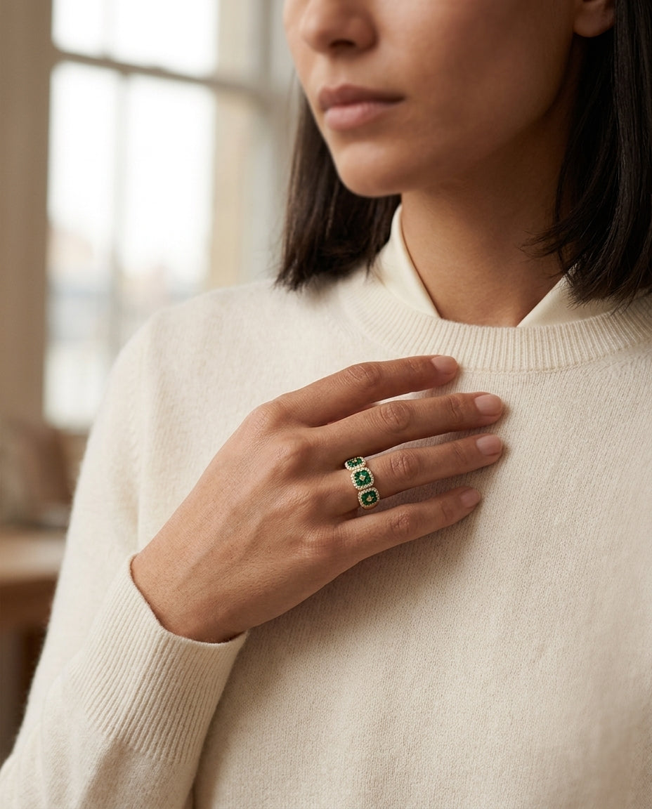 Tsavorite And Diamond 3-stone Inspired Ring In 14k Yellow Gold — editorial close-up
