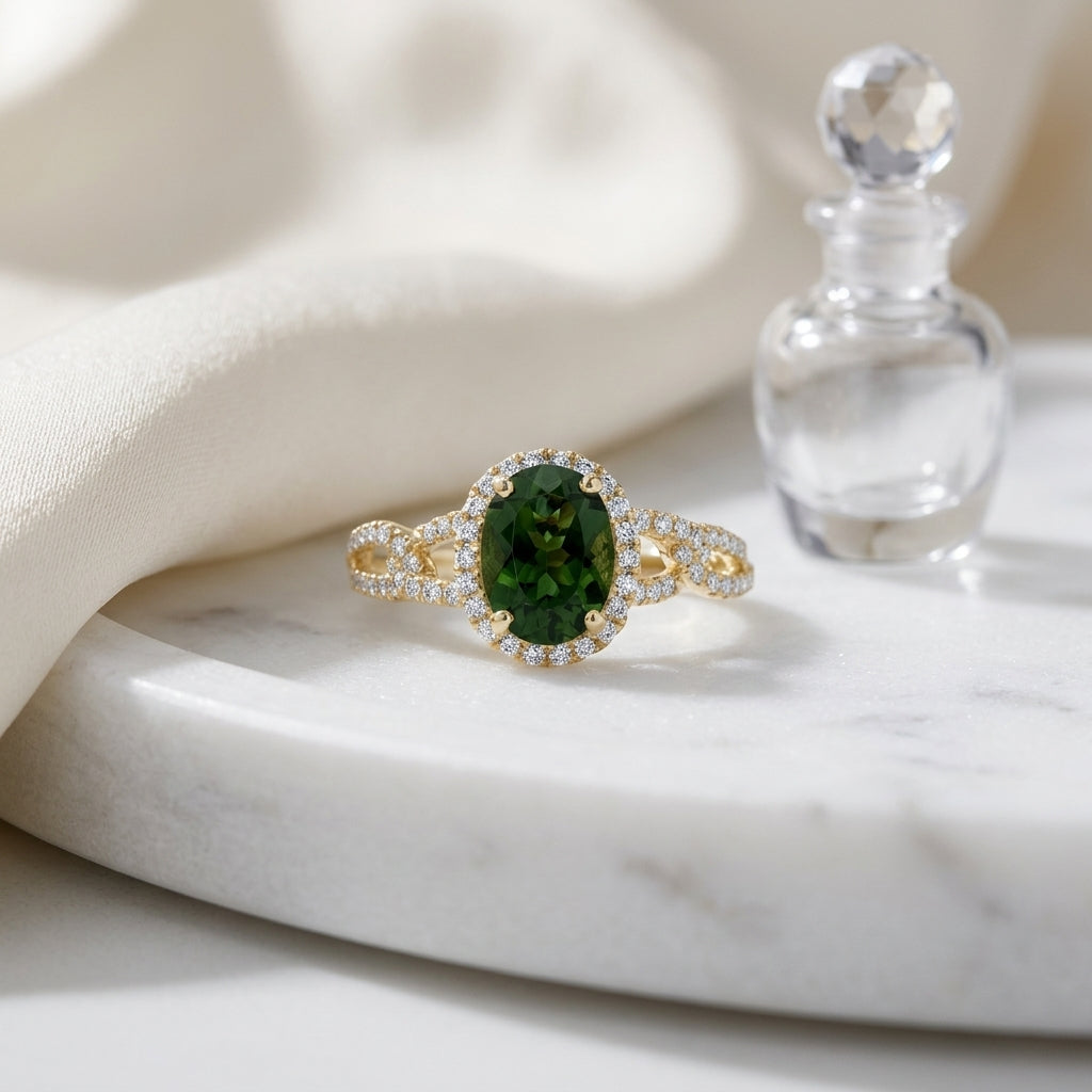 Green Tourmaline And Diamond Ring In 14k Yellow Gold (8x6) — atelier still life