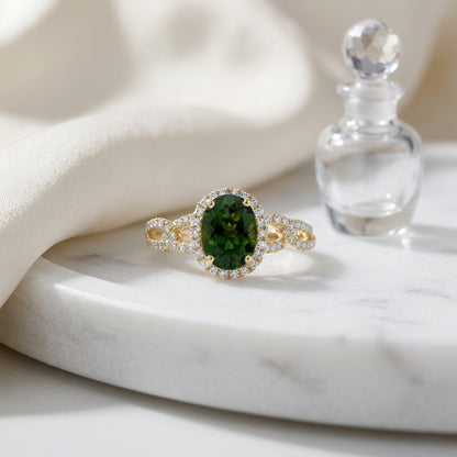 Green Tourmaline And Diamond Ring In 14k Yellow Gold (8x6) — atelier still life