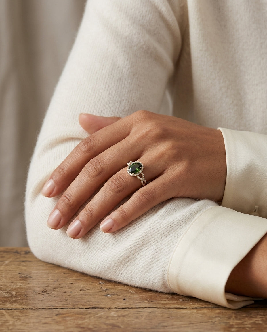 Green Tourmaline And Diamond Ring In 14k Yellow Gold (8x6) — editorial close-up