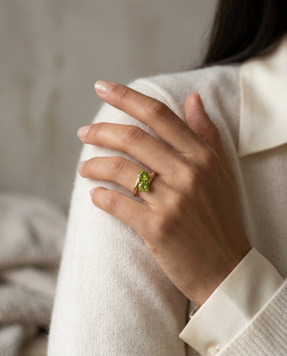 Peridot Duo Bypass Ring In 14k Yellow Gold — editorial close-up