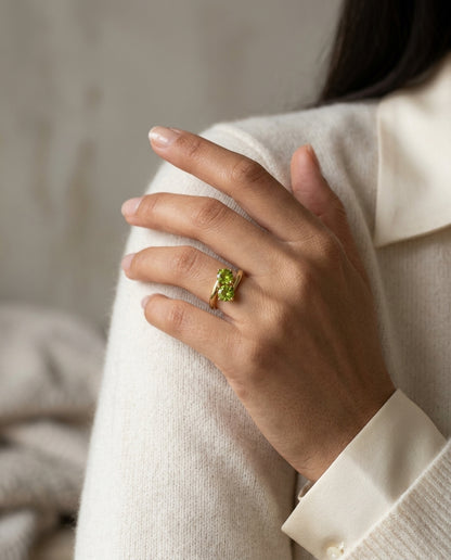 Peridot Duo Bypass Ring In 14k Yellow Gold — editorial close-up