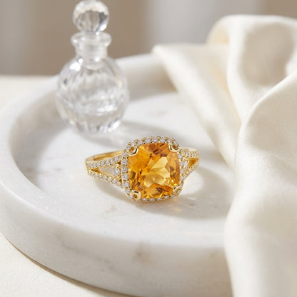 Citrine And Diamond Halo Cushion -cut Ring In 14k Yellow Gold — atelier still life