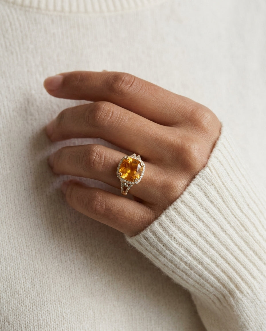 Citrine And Diamond Halo Cushion -cut Ring In 14k Yellow Gold — editorial close-up