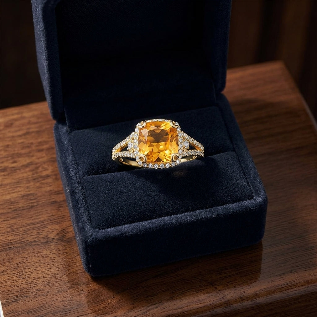 Citrine And Diamond Halo Cushion -cut Ring In 14k Yellow Gold — gift presentation