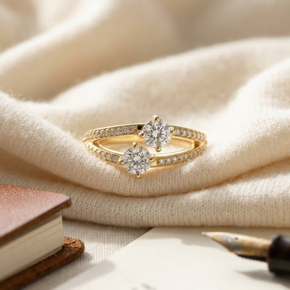 Diamond Two Stone Split Shank Ring In 14k Yellow Gold 1.0 Ctw — textile flat lay