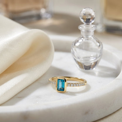 Swiss Blue Topaz Emerald Cut And Diamond Ring In 14k Yellow Gold — atelier still life