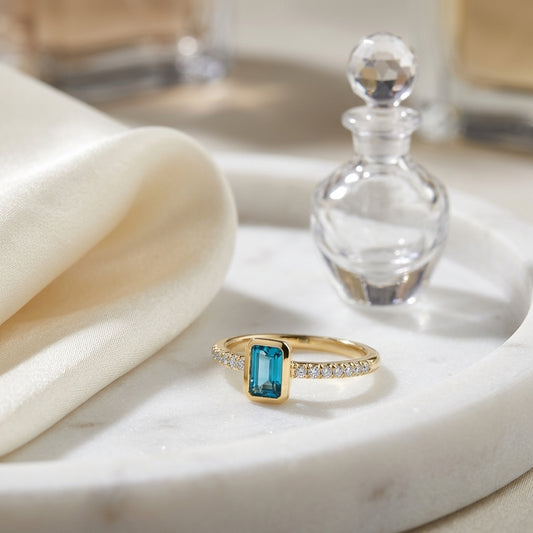 Swiss Blue Topaz Emerald Cut And Diamond Ring In 14k Yellow Gold — atelier still life