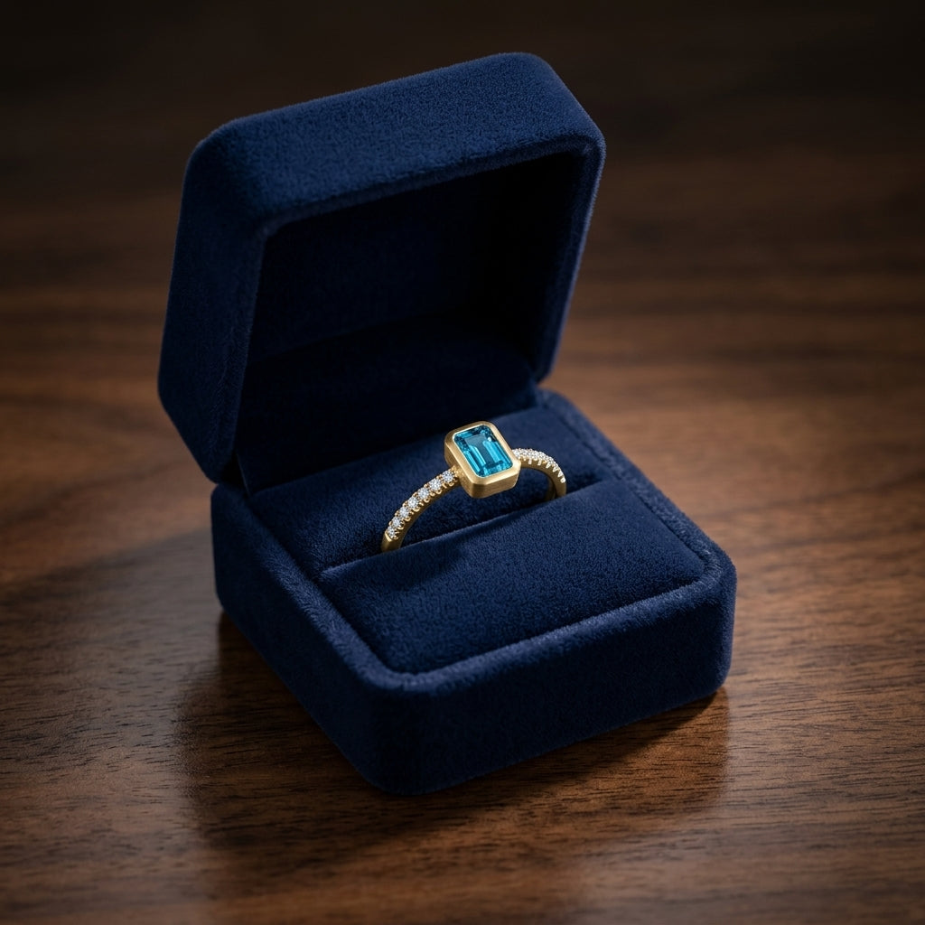 Swiss Blue Topaz Emerald Cut And Diamond Ring In 14k Yellow Gold — gift presentation