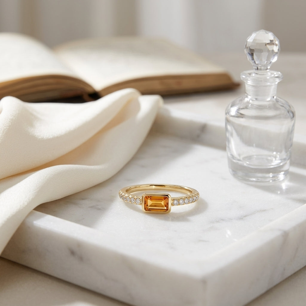 Citrine Emerald Cut And Diamond Ring In 14k Yellow Gold — atelier still life