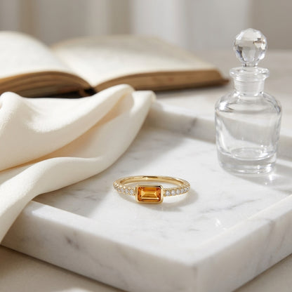 Citrine Emerald Cut And Diamond Ring In 14k Yellow Gold — atelier still life