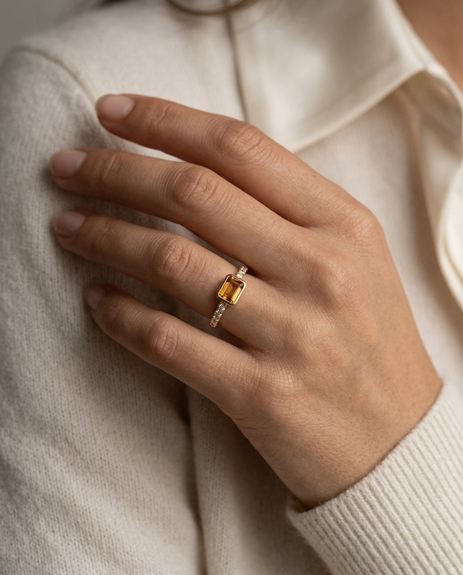 Citrine Emerald Cut And Diamond Ring In 14k Yellow Gold — editorial close-up