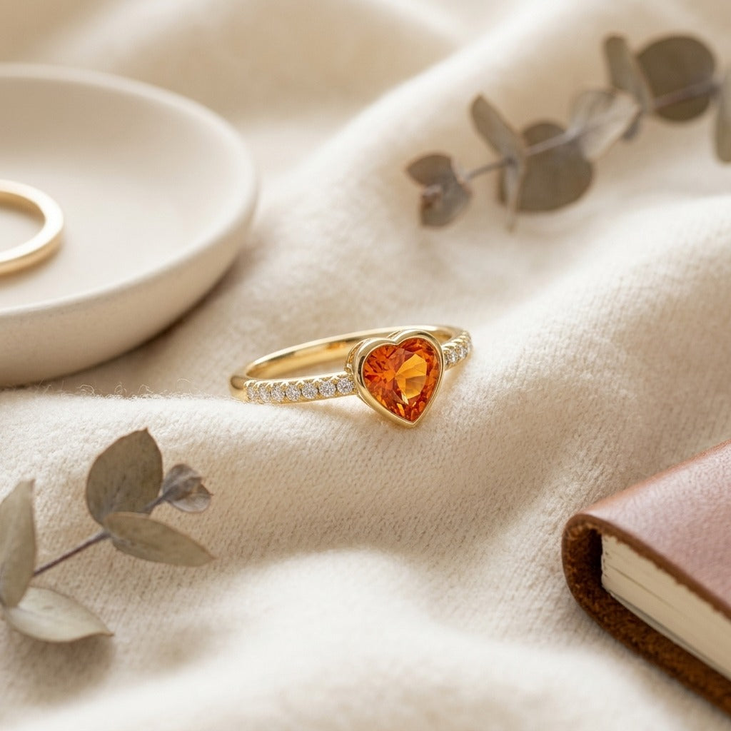 Yellow Sapphire and Diamond Heart Ring in 14k Yellow Gold (0.10 Ct.tw.) — textile flat lay