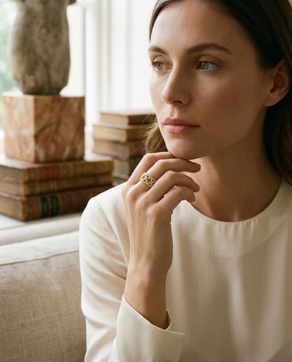 Diamond Pave Diamond Leaves Pattern Band in 14k Yellow Gold (1/2 Ct.tw.) — portrait full