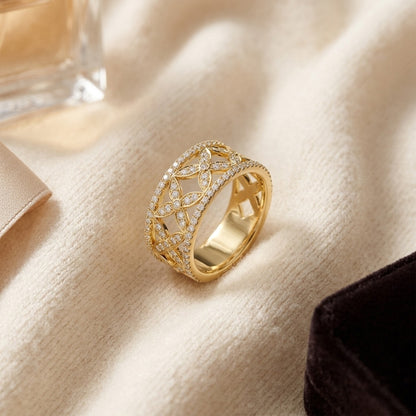 Diamond Pave Diamond Leaves Pattern Band in 14k Yellow Gold (1/2 Ct.tw.) — textile flat lay