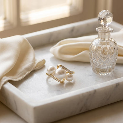 Freshwater Pearl and Diamond Trio Ring in 14k Yellow Gold — marble silk
