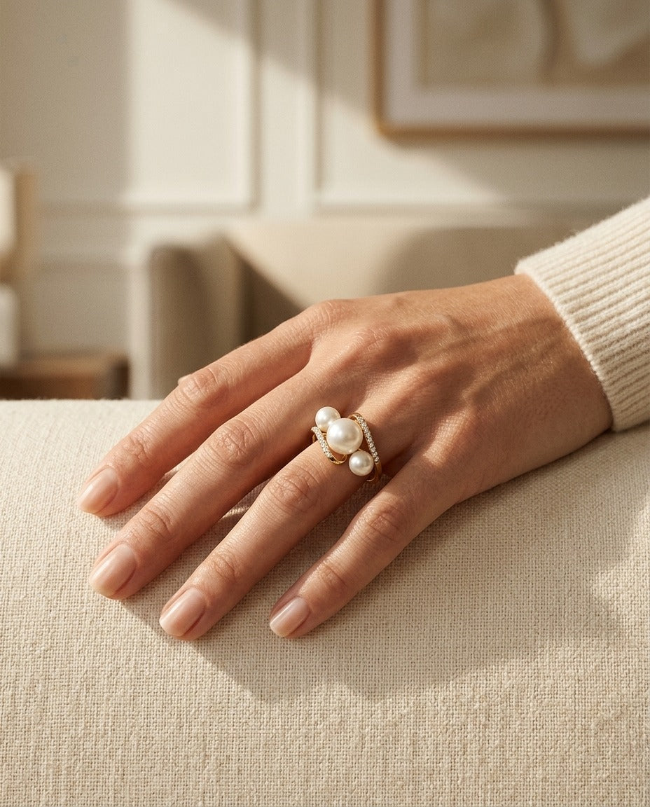 Freshwater Pearl and Diamond Trio Ring in 14k Yellow Gold — portrait close