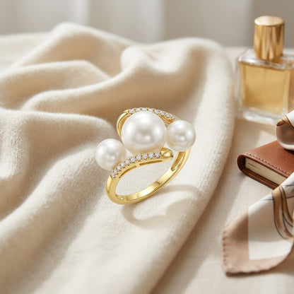Freshwater Pearl and Diamond Trio Ring in 14k Yellow Gold — textile flat lay