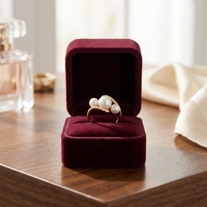 Freshwater Pearl and Diamond Trio Ring in 14k Yellow Gold — velvet box