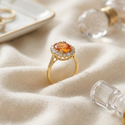 Citrine and Diamond Oval Border Ring Mounting in 14k Yellow Gold (8x6mm) — textile flat lay