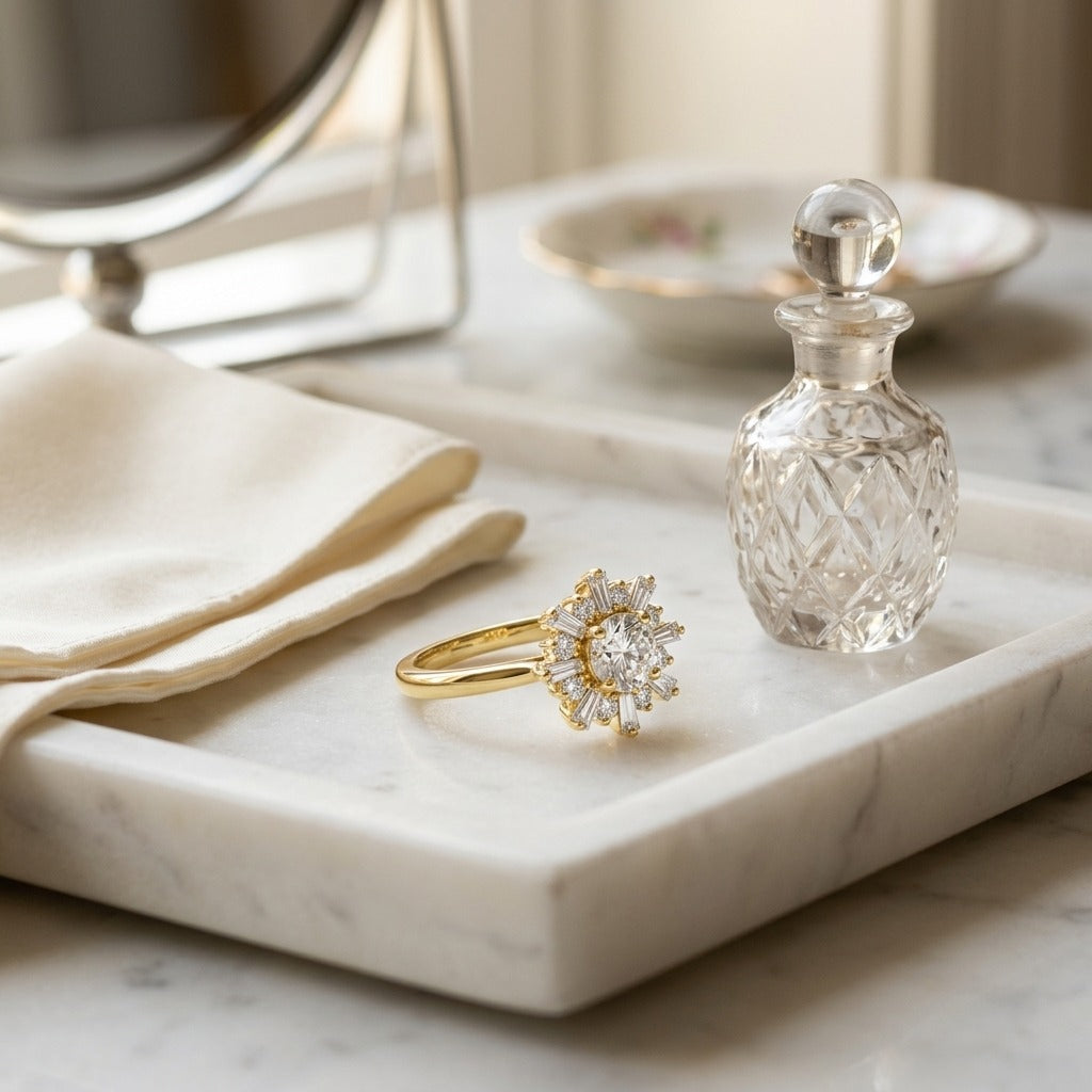 Diamond Round and Baguette Ballerina Ring in 14k Yellow Gold (0.50ct Center) — marble silk