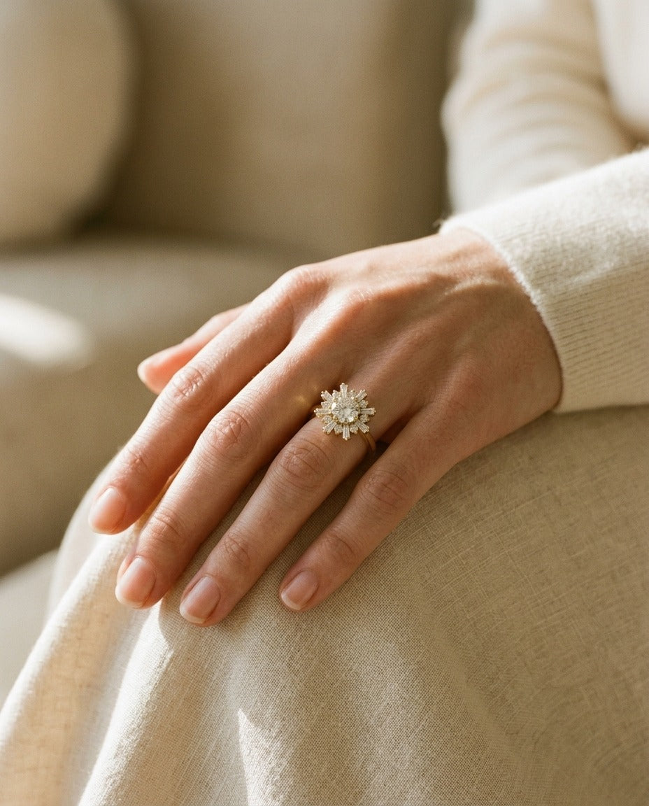 Diamond Round and Baguette Ballerina Ring in 14k Yellow Gold (0.50ct Center) — portrait close