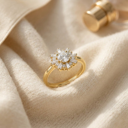 Diamond Round and Baguette Ballerina Ring in 14k Yellow Gold (0.50ct Center) — textile flat lay