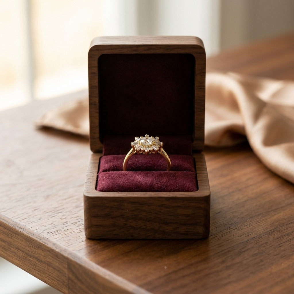 Diamond Round and Baguette Ballerina Ring in 14k Yellow Gold (0.50ct Center) — velvet box