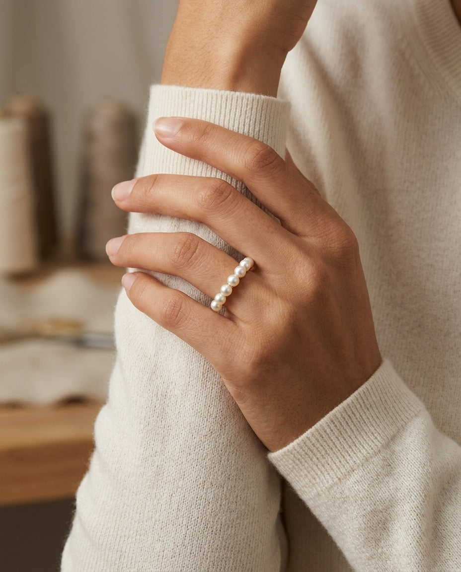 Freshwater Pearl Seven Stone Ring in 14k Yellow Gold — editorial close-up