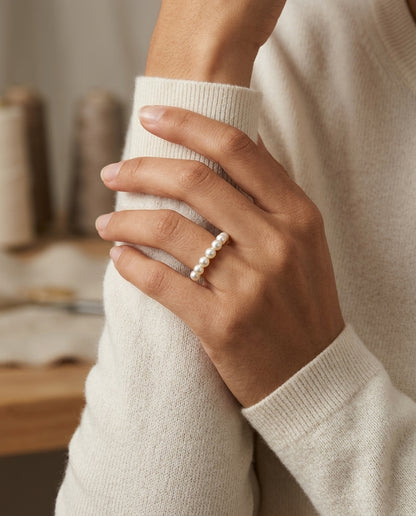 Freshwater Pearl Seven Stone Ring in 14k Yellow Gold — editorial close-up