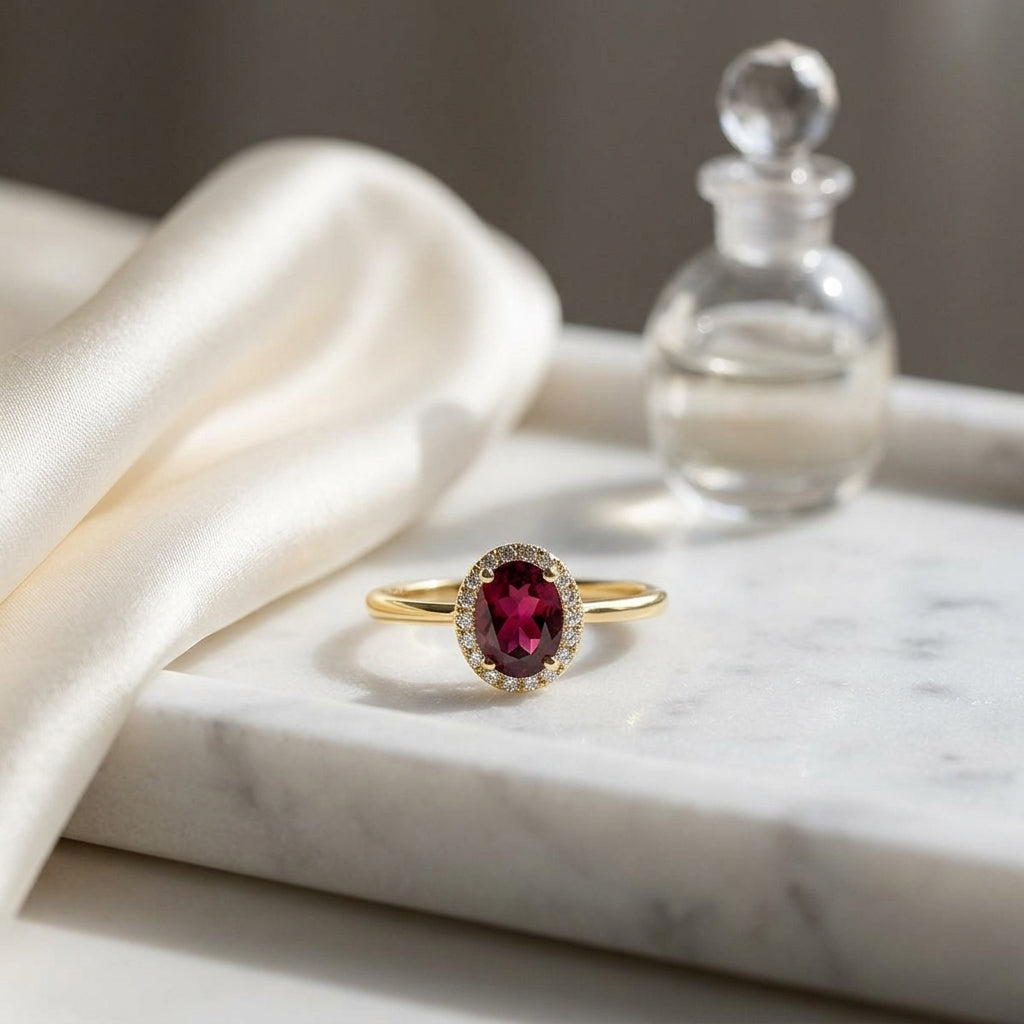 Rhodolite Garnet and Diamond Oval Halo Ring in 14k Yellow Gold 1/8ctw — atelier still life