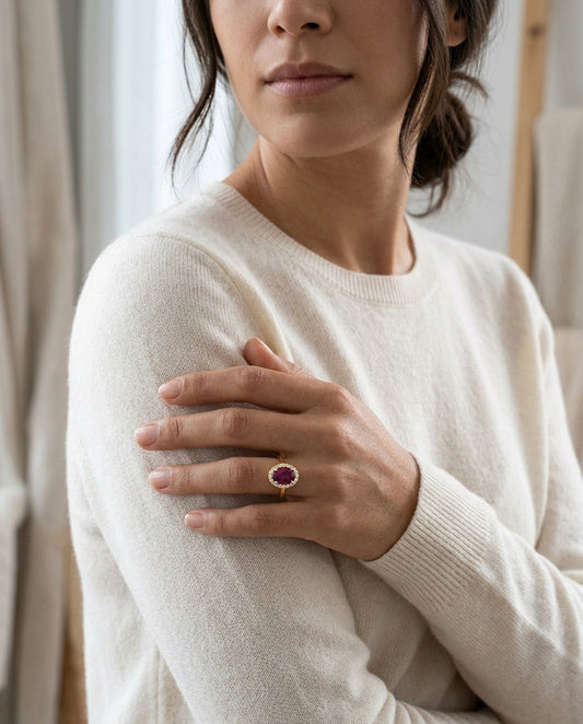 Rhodolite Garnet and Diamond Oval Halo Ring in 14k Yellow Gold 1/8ctw — editorial close-up