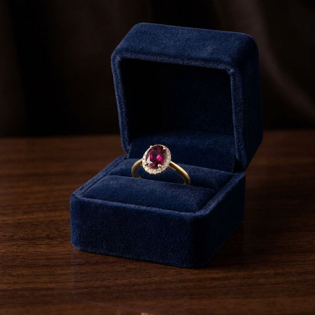 Rhodolite Garnet and Diamond Oval Halo Ring in 14k Yellow Gold 1/8ctw — gift presentation