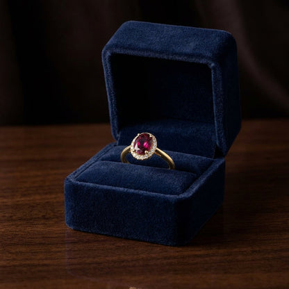 Rhodolite Garnet and Diamond Oval Halo Ring in 14k Yellow Gold 1/8ctw — gift presentation