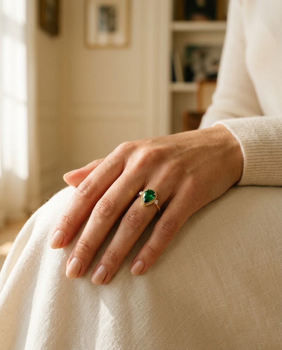 Created Emerald & Diamond 1/16ctw Ring Set in 14k Yellow Gold — portrait close
