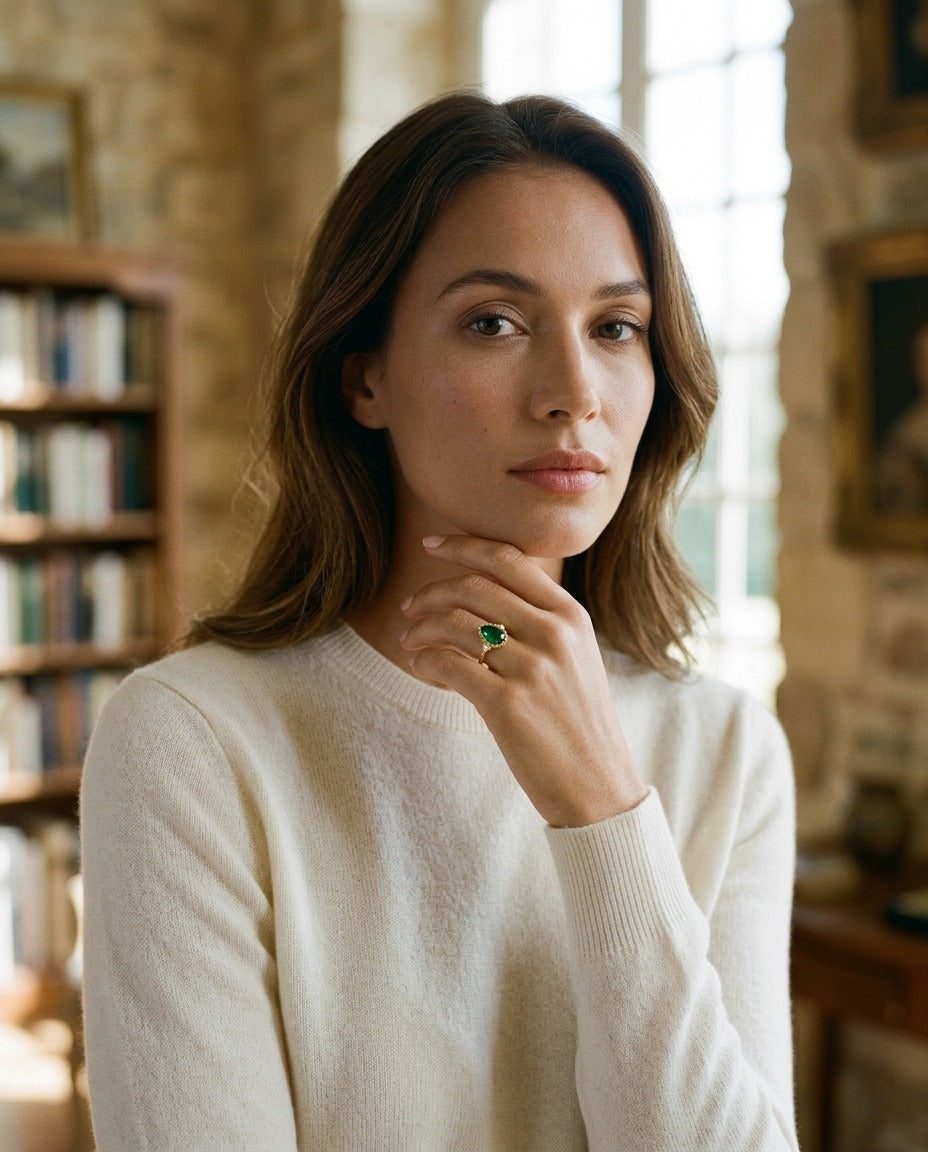 Created Emerald & Diamond 1/16ctw Ring Set in 14k Yellow Gold — portrait full