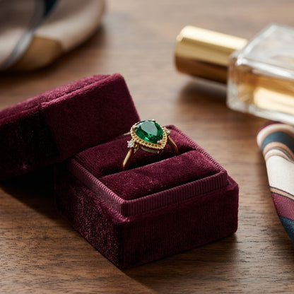 Created Emerald & Diamond 1/16ctw Ring Set in 14k Yellow Gold — velvet box