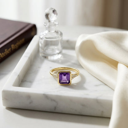 Amethyst East-West Emerald Cut Bezel Ring 14k Yellow Gold 1/10ctw — atelier still life