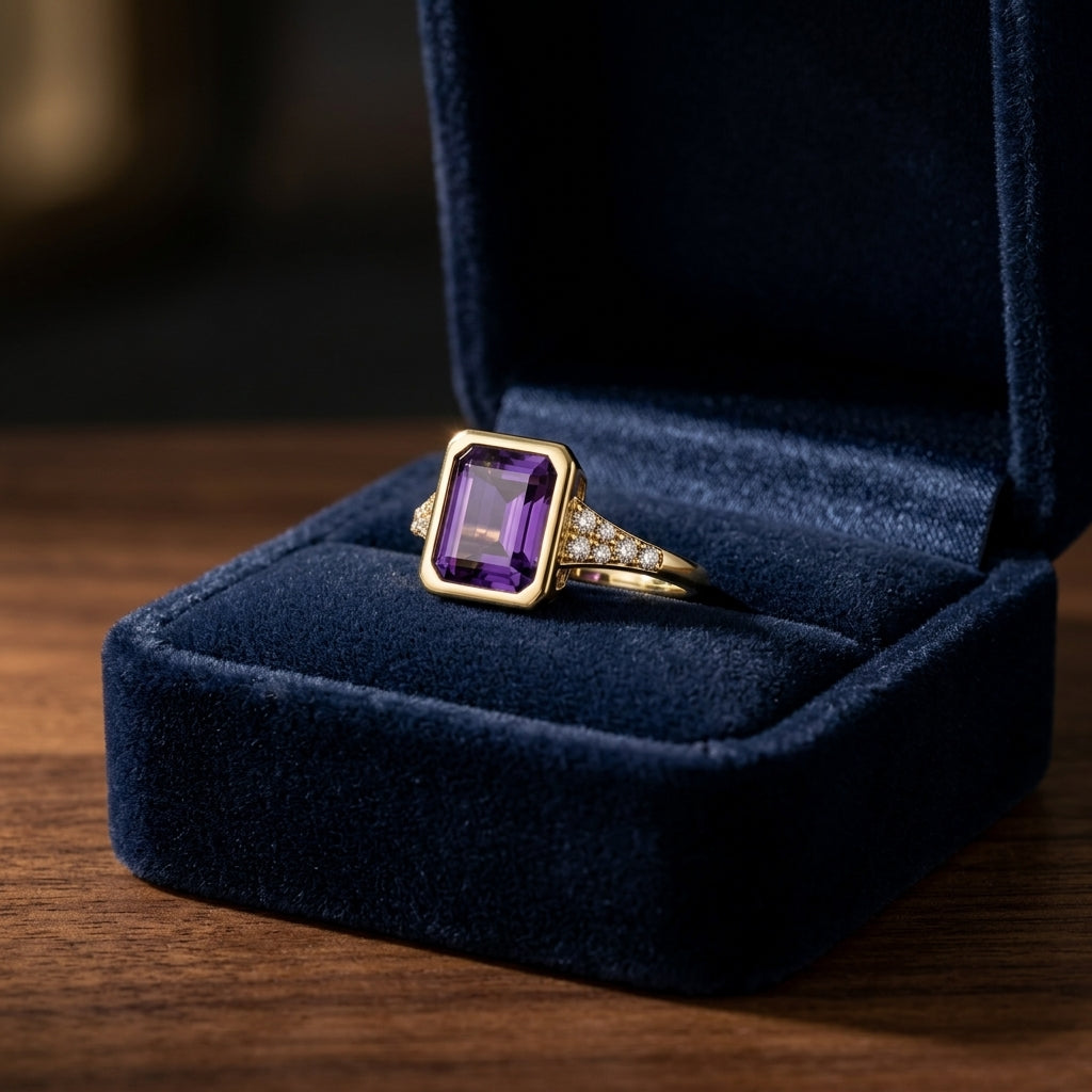 Amethyst East-West Emerald Cut Bezel Ring 14k Yellow Gold 1/10ctw — gift presentation