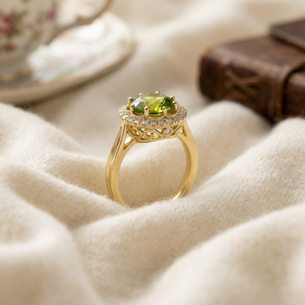 Diamond 1/6ctw & Peridot Ring Set in 14k Yellow Gold — textile flat lay