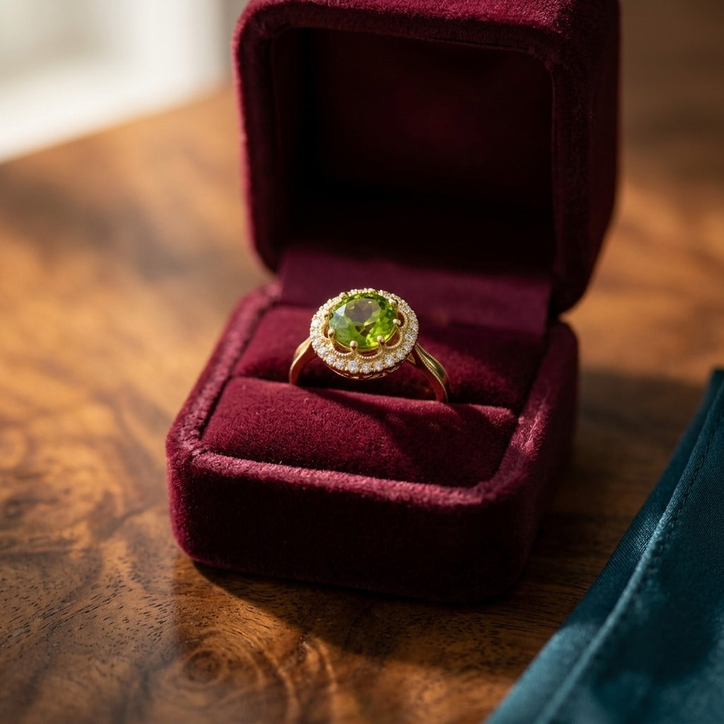 Diamond 1/6ctw & Peridot Ring Set in 14k Yellow Gold — velvet box
