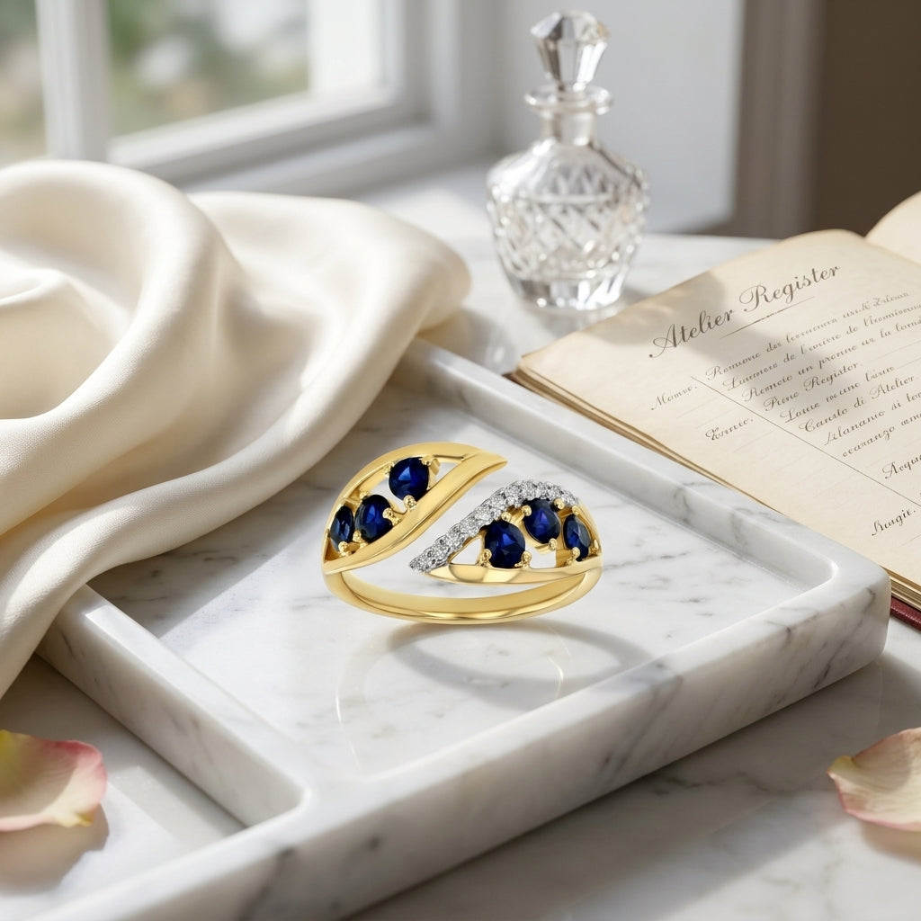 Sapphire and Diamond Open Shank Bypass Leaf Ring in 14k Yellow Gold 0.06ctw — atelier still life