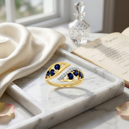 Sapphire and Diamond Open Shank Bypass Leaf Ring in 14k Yellow Gold 0.06ctw — atelier still life