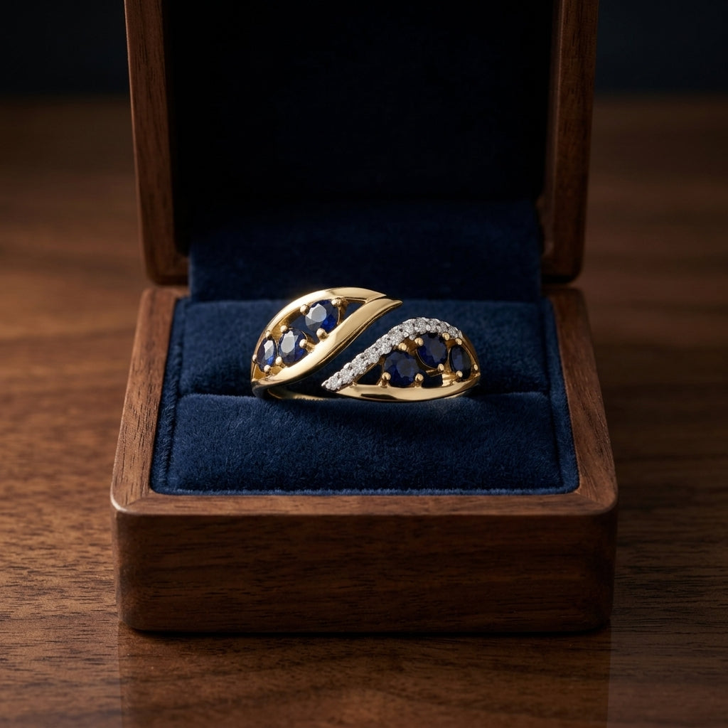 Sapphire and Diamond Open Shank Bypass Leaf Ring in 14k Yellow Gold 0.06ctw — gift presentation