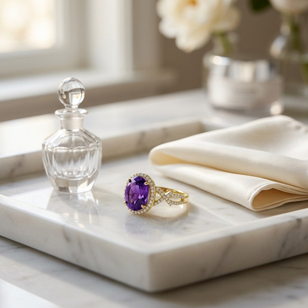 Amethyst and Diamond Oval Halo Ring in 14k Yellow Gold 1/4ctw — marble silk