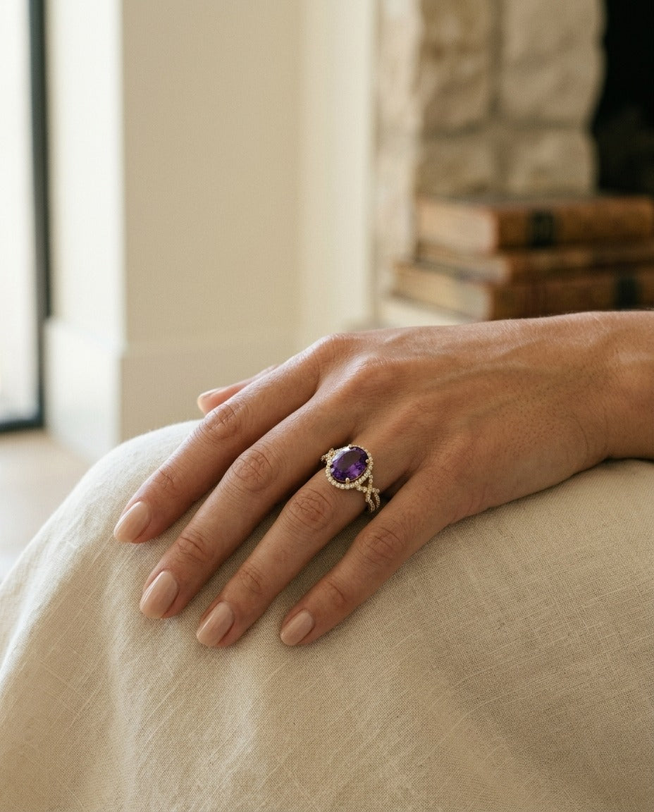Amethyst and Diamond Oval Halo Ring in 14k Yellow Gold 1/4ctw — portrait close
