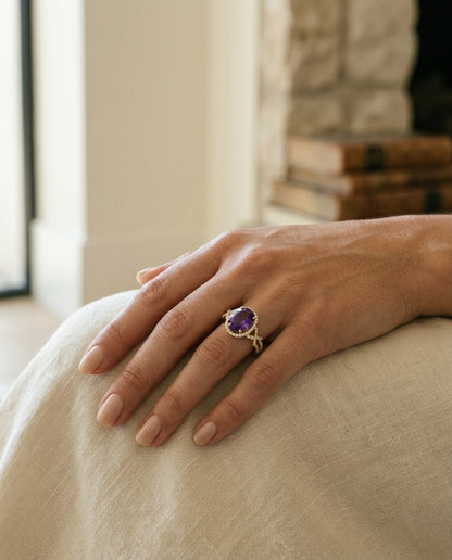 Amethyst and Diamond Oval Halo Ring in 14k Yellow Gold 1/4ctw — portrait close