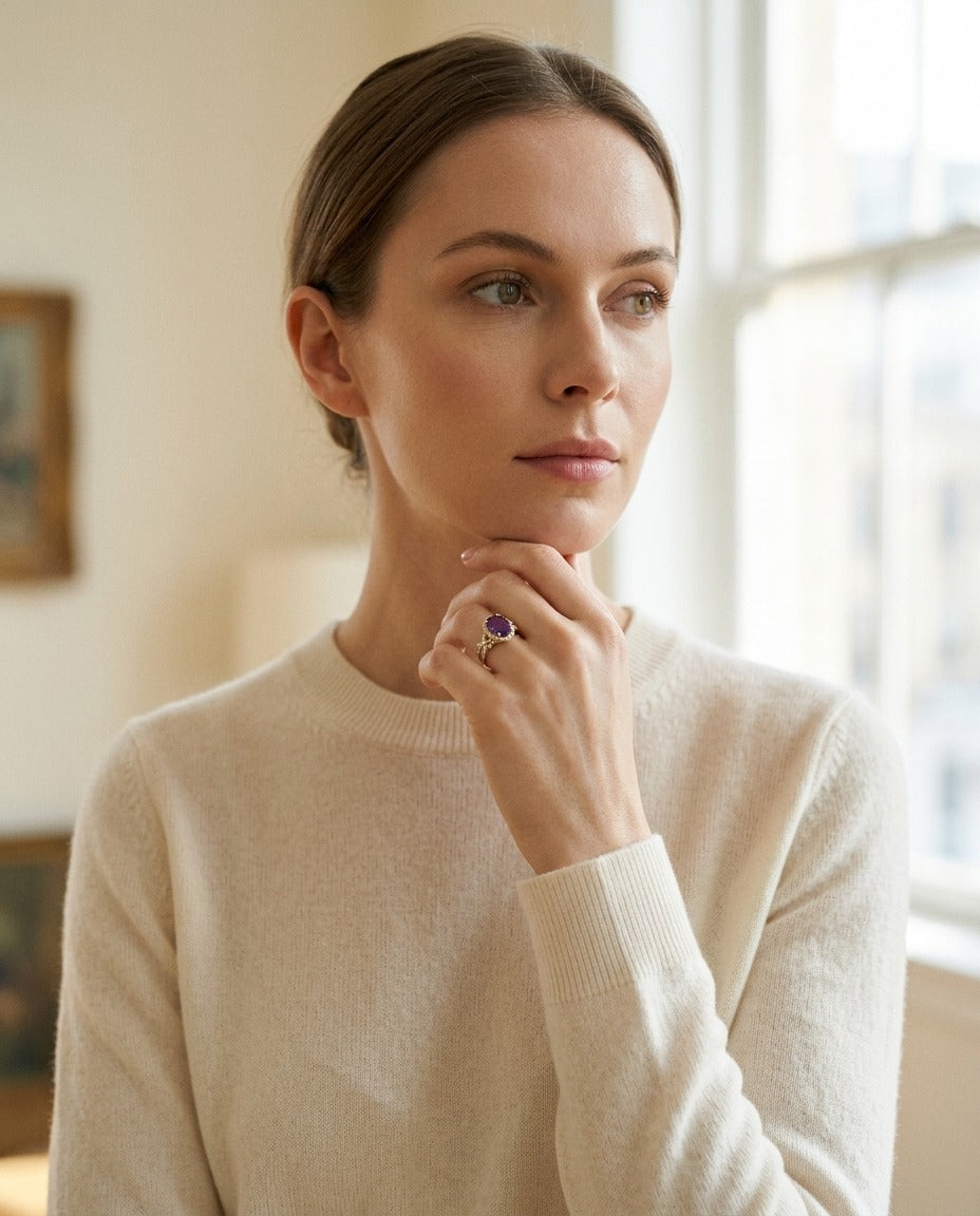 Amethyst and Diamond Oval Halo Ring in 14k Yellow Gold 1/4ctw — portrait full
