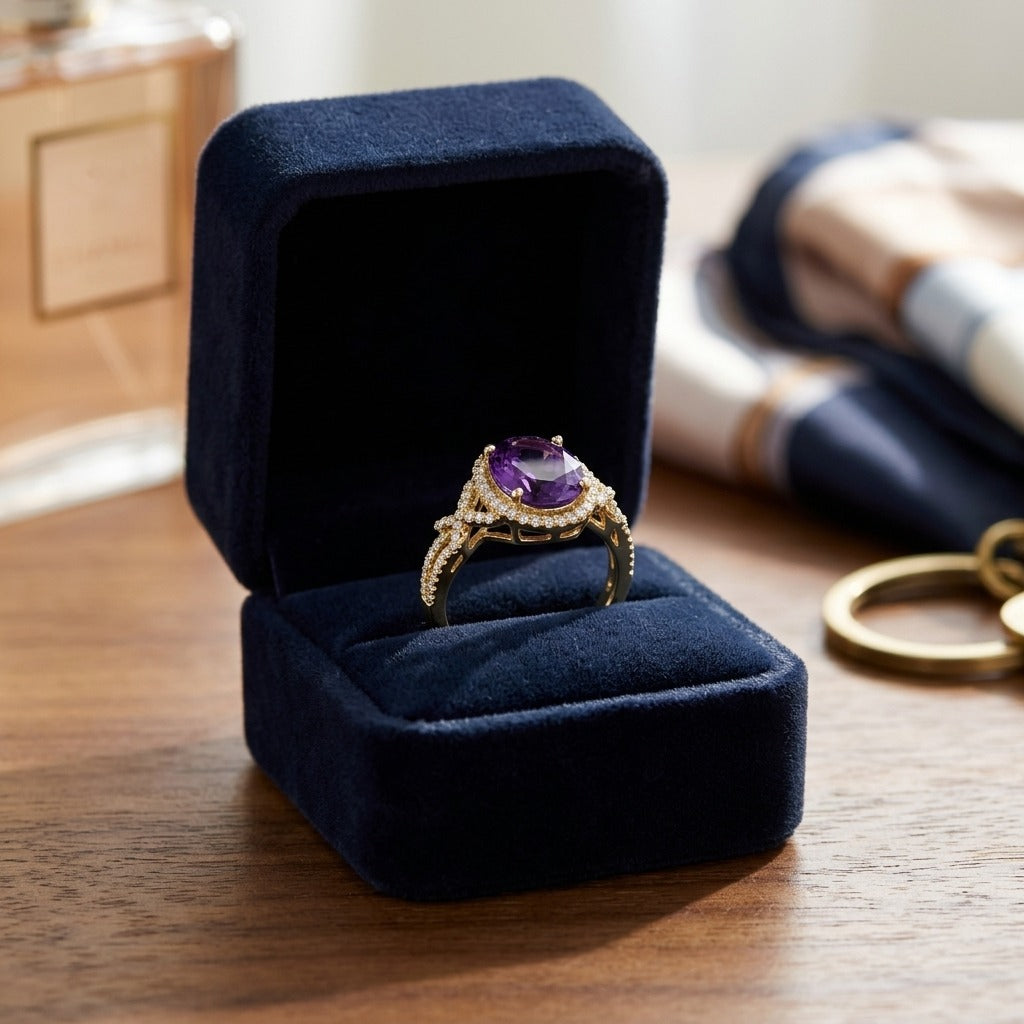 Amethyst and Diamond Oval Halo Ring in 14k Yellow Gold 1/4ctw — velvet box